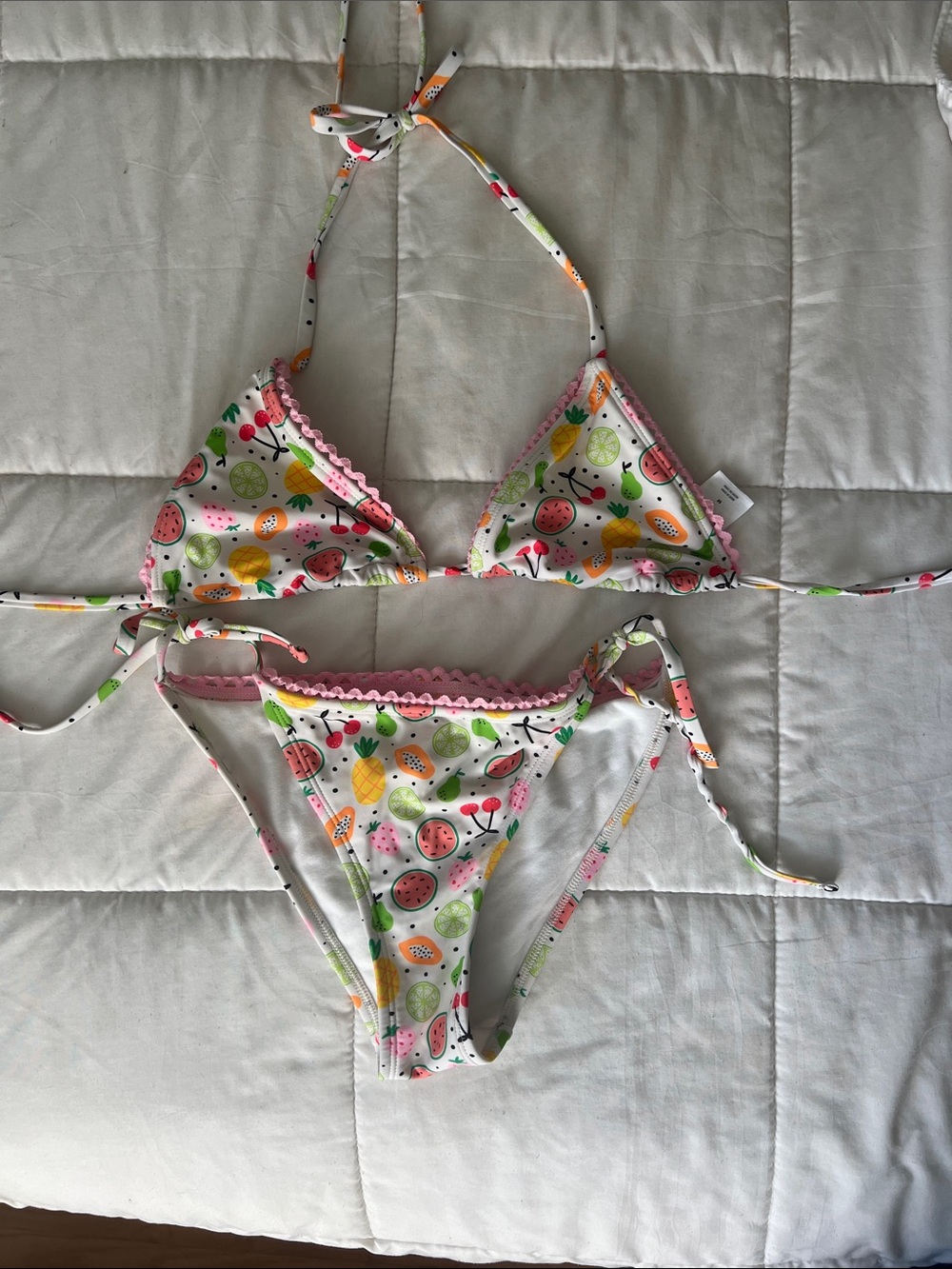 wild fable White Fruit Print Triangle Bikini with Pink Trim